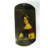 19th century leather and composition spectacles case, painted to one side with lady in plumed hat