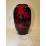 Royal Doulton Flambe vase of ovoid form decorated with riverside cottage landscape scene, height