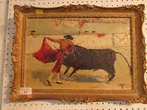 Mid 20th century oil on canvas of bullfighter in ring (22.5cm x 33cm), signed lower right, perhaps - Image 2 of 2