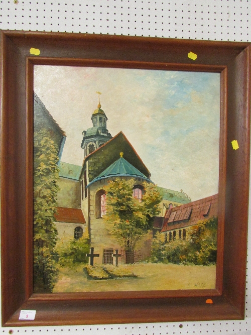 The Hildesheim Cathedral with the 1000 years old rose-bush', oil on board, signed E. Wilke lower - Image 2 of 2