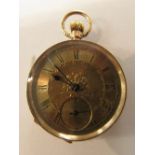 9ct gold florally engraved fob watch, gilt Roman chapter with subsidiary seconds dial, the inner and