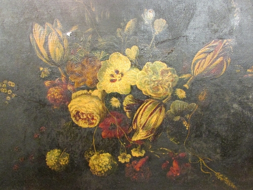 Dutch School still life with flowers and butterfly, oil on canvas (41cm x 59cm) in a moulded gilt - Image 2 of 3