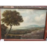 19th century oil on board landscape, (32.5cm x 46cm), in a worn gilded frame, holograph label pasted