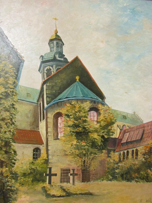 The Hildesheim Cathedral with the 1000 years old rose-bush', oil on board, signed E. Wilke lower