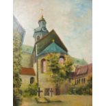 The Hildesheim Cathedral with the 1000 years old rose-bush', oil on board, signed E. Wilke lower