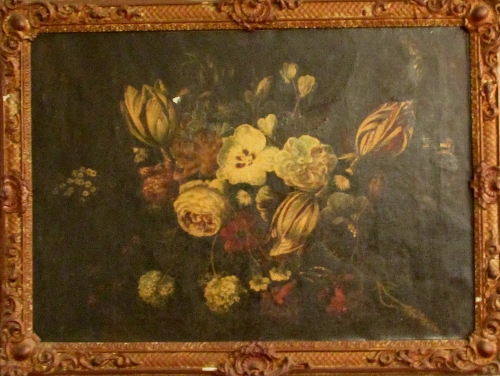 Dutch School still life with flowers and butterfly, oil on canvas (41cm x 59cm) in a moulded gilt