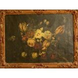 Dutch School still life with flowers and butterfly, oil on canvas (41cm x 59cm) in a moulded gilt