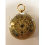 Victorian 18ct engraved ladies gold fob watch, the dial engraved with foliate scrolls, Roman chapter