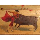 Mid 20th century oil on canvas of bullfighter in ring (22.5cm x 33cm), signed lower right, perhaps