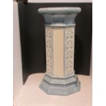 Burmantofts faience plant pedestal, octagonal in pale blue glaze, the column with alternate panels