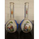 Pair of continental porcelain bottle vases painted with flowers and courting gentlefolk on