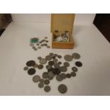 Selection of silver and bronze foreign coins, silver 3d, damaged Carolean coin and one other