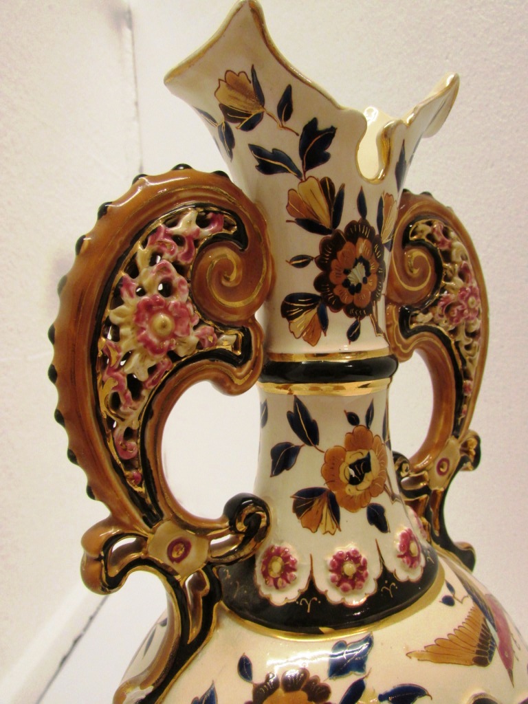 Zsolnay style vase, cream ground decorated with flowers and birds, scrolls handles to neck and - Image 3 of 6