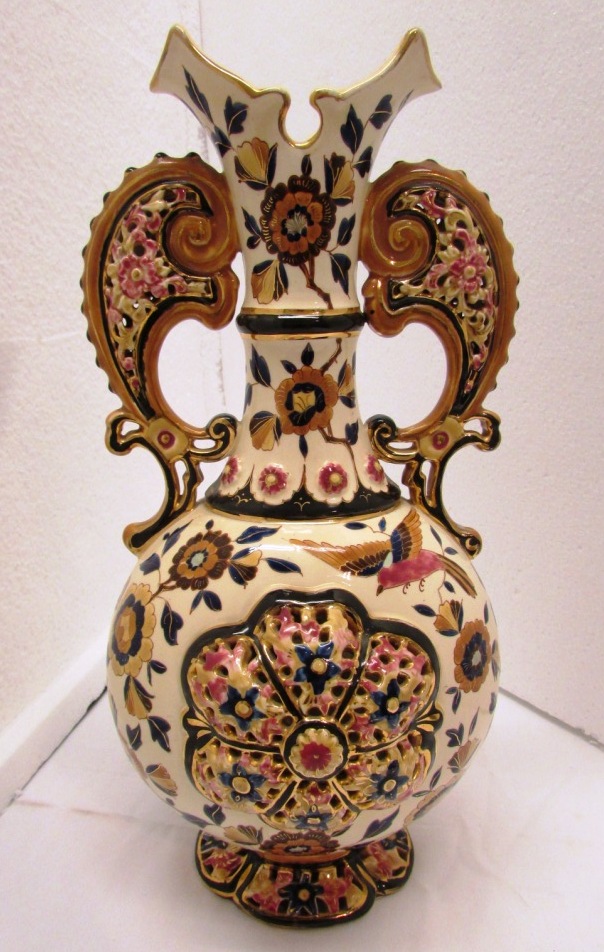 Zsolnay style vase, cream ground decorated with flowers and birds, scrolls handles to neck and - Image 2 of 6