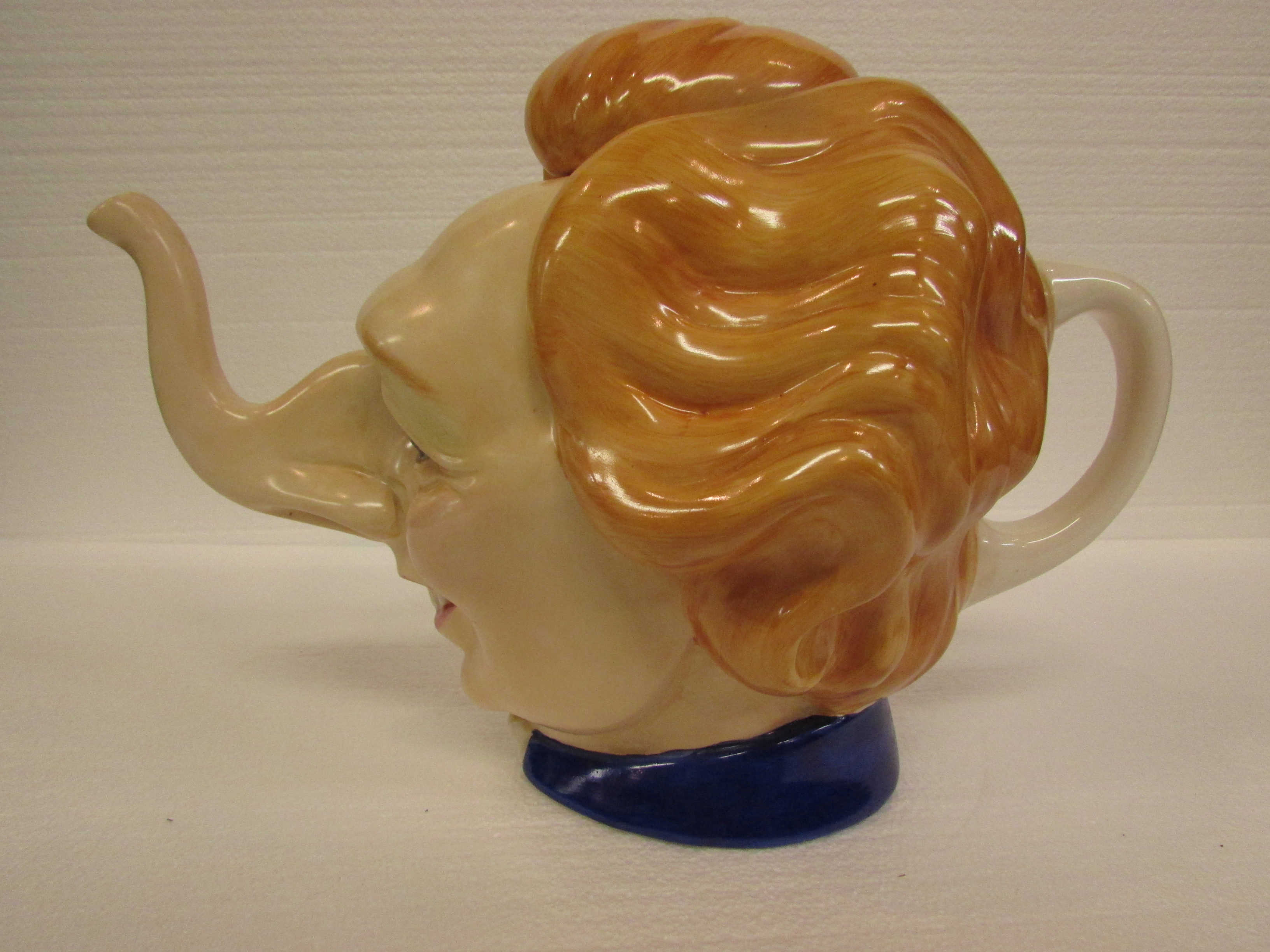 Comic hand painted 'Thatcher' teapot embossed on the bottom Luck and Flaw 1989 England