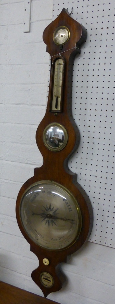 An early 19th century banjo barometer in a rosewood case by P Gobbe of Stroud with hygrometer,