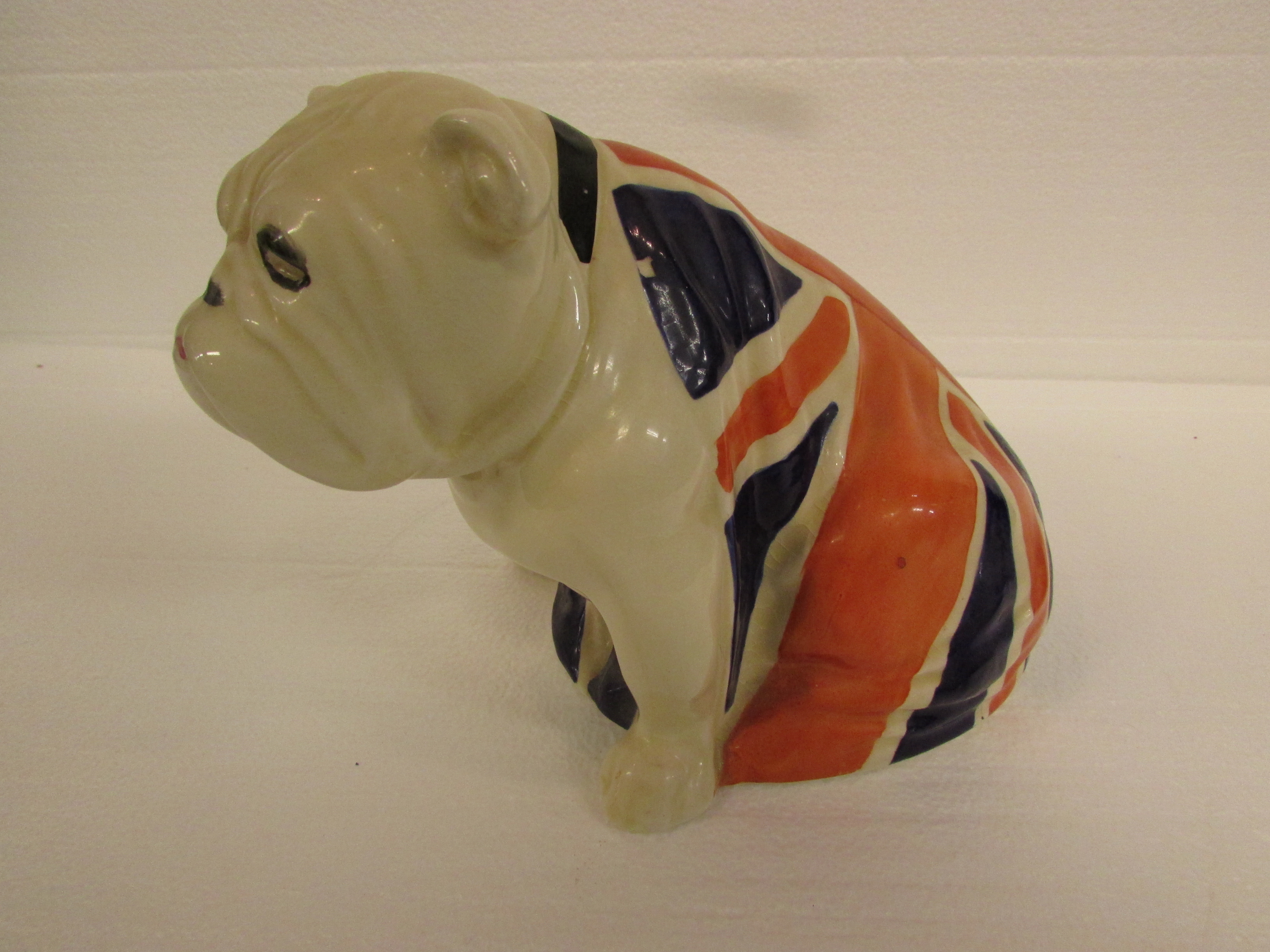 Royal Doulton figure of British bulldog in Union Flag, manufacturer's black transfer mark, Rd No