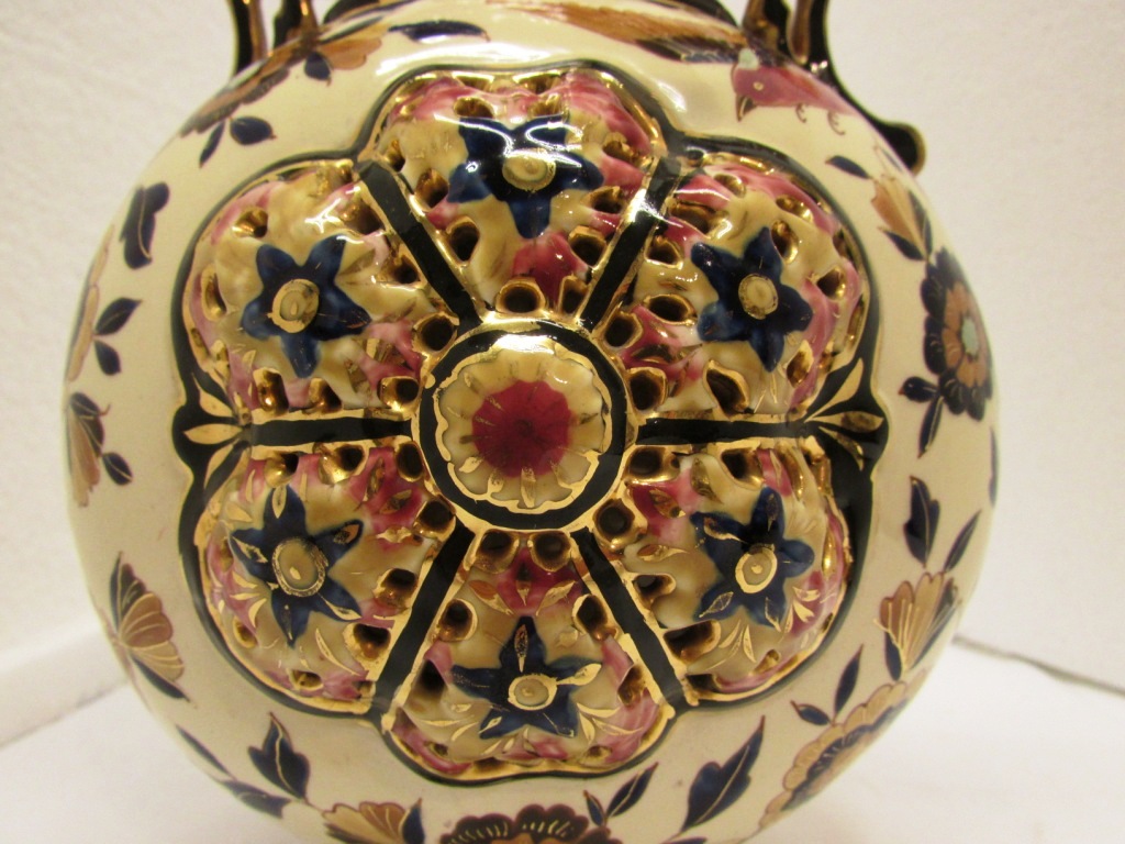 Zsolnay style vase, cream ground decorated with flowers and birds, scrolls handles to neck and - Image 4 of 6