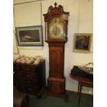 19th century oak and mahogany eight day long case clock, the un-signed brass dial with silvered