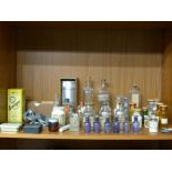 Quantity of pharmacy and chemists bottles, some with paper labels and boxwood lids, tins,