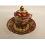 Vienna porcelain chocolate cup, saucer and lid, signed Wagner, beehive factory mark, base of cup