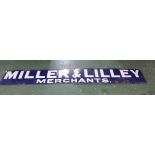 Original two part 'Miller & Lilley Merchants' blue and white enamel wall sign