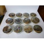 Twelve Pratt pot lids - 'I See You My Boy', 'The Best Card', horse racing, 'Fording the Stream', '