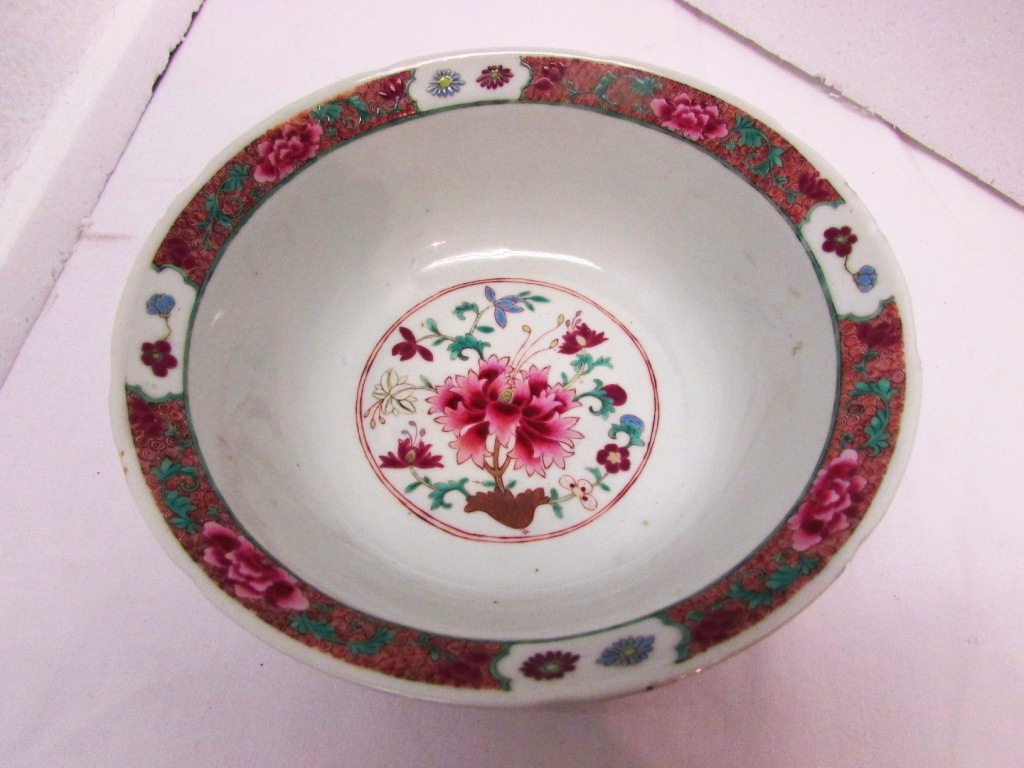 Famille rose porcelain bowl, perhaps 18th century, enamelled with floral sprays and lotus flowers, - Image 3 of 10