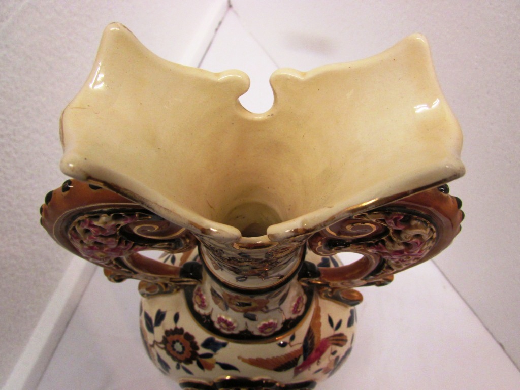 Zsolnay style vase, cream ground decorated with flowers and birds, scrolls handles to neck and - Image 5 of 6