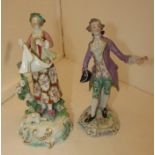 A Sitzendorf figure of a man in purple coat proffering a rose and a continental figure of a woman