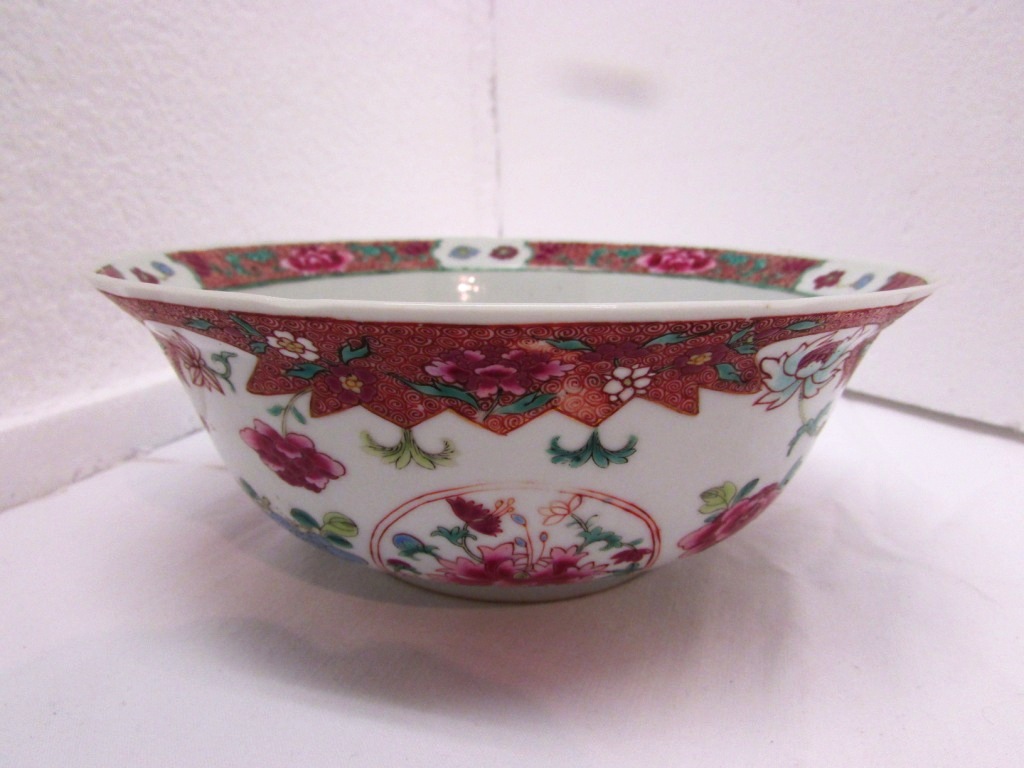 Famille rose porcelain bowl, perhaps 18th century, enamelled with floral sprays and lotus flowers, - Image 2 of 10