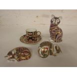 Three Royal Crown Derby cats - seated cat, gold button, initialled m m (height 13cm); sleeping Imari