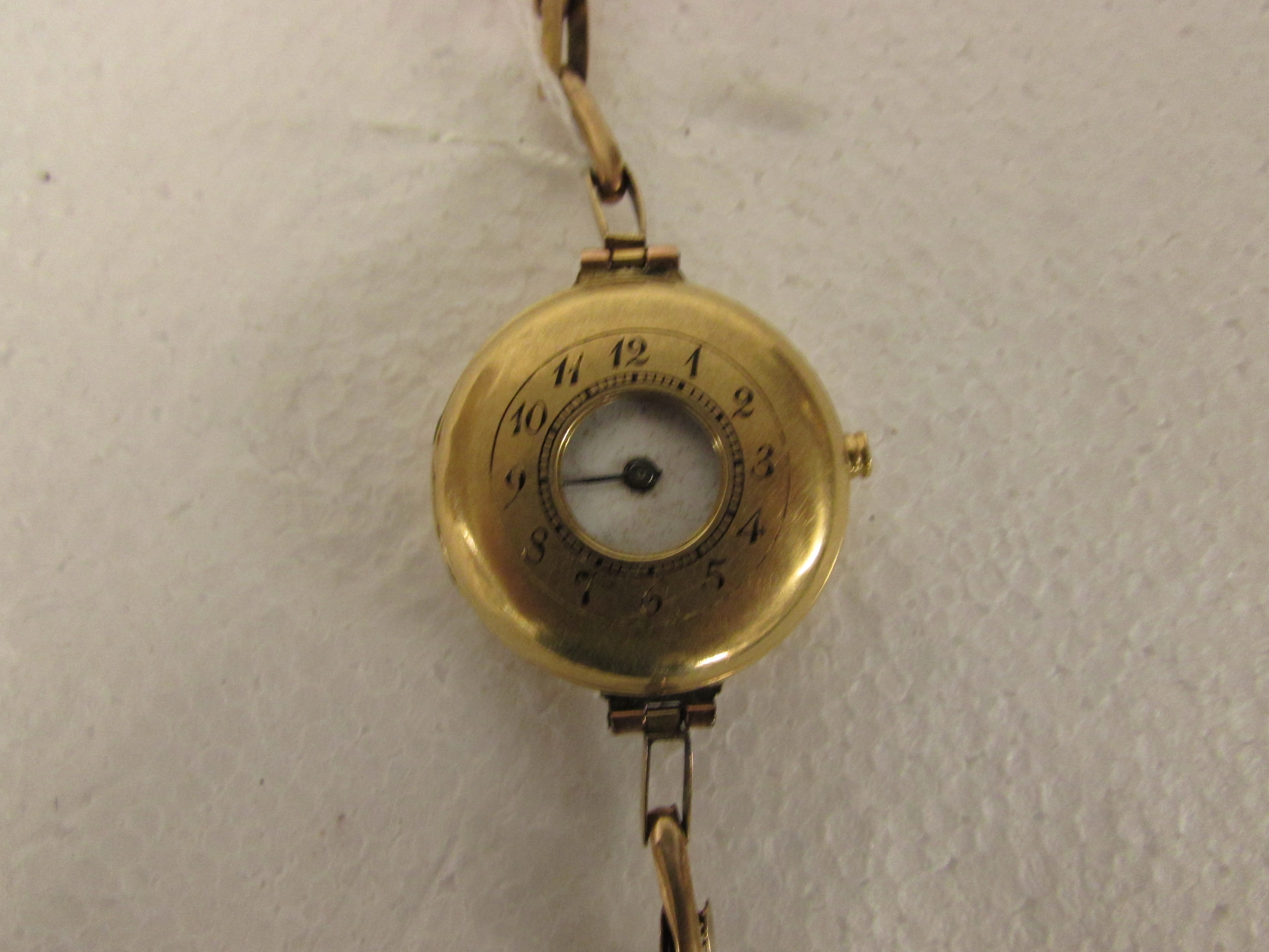 Ladies gold half-hunter wristwatch, enamelled Arabic numerals to the front case, inner case - Image 2 of 4