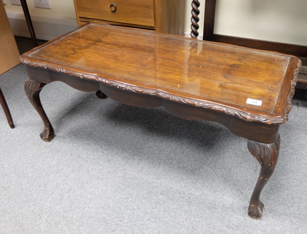 Mahogany oblong coffee table with glass