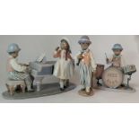 Lladro set of figures The Jazz Band comprising Boy& Girl on grand piano, height 19cm,Boy on Drum