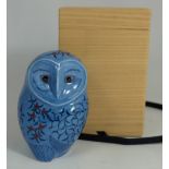 Royal Crown Derby paperweight porcelain Chinese blue Owl , gold stopper, in wood box