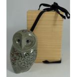 Royal Crown Derby paperweight porcelain Chinese grey Owl , gold stopper, in wood box