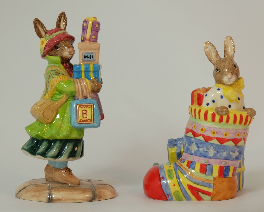 Royal Doulton Bunnykins figures Retail Therapy DB428 and Little Stocking Filler DB421  (2)