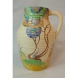 Clarice Cliffe Wilkinson Lotus Jug decorated in the Rhodanthe design, height 29cm