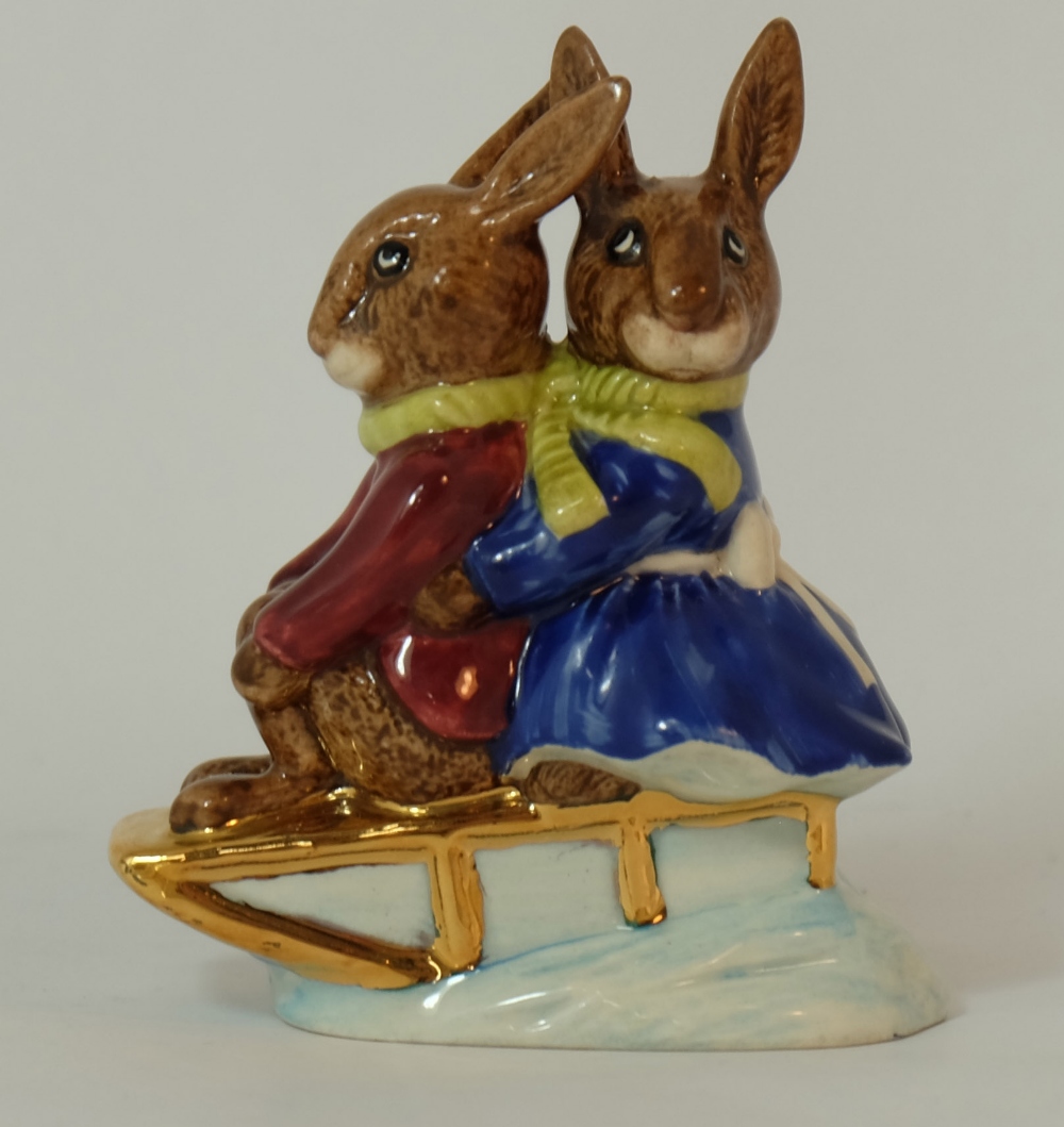 Royal Doulton Bunnykins figure Sleigh Ride, gold highlights with Not for Re-sale backstamp