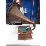 Oak Columbia table top gramophone complete with brass horn