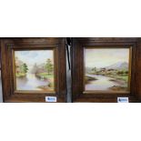 Pair Porcelain plaques hand painted one with Castle and cattle by river and the other Church Ruins