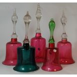 A collection of Victorian Cranberry & green glass Bells in various sizes, tallest 32cm (5)