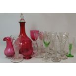 A collection of Victorian Glass including Cranberry Jugs, Decanters, etched glass vessels  etc (20)