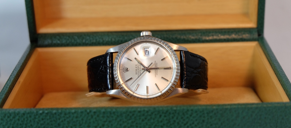 Rolex gents Oyster datejust wristwatch, stainless steel dial with leather strap complete with box & - Image 2 of 2