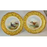 Pair Hammersley & Co gilded cabinets plates hand painted with Game birds and signed Wray , diameter