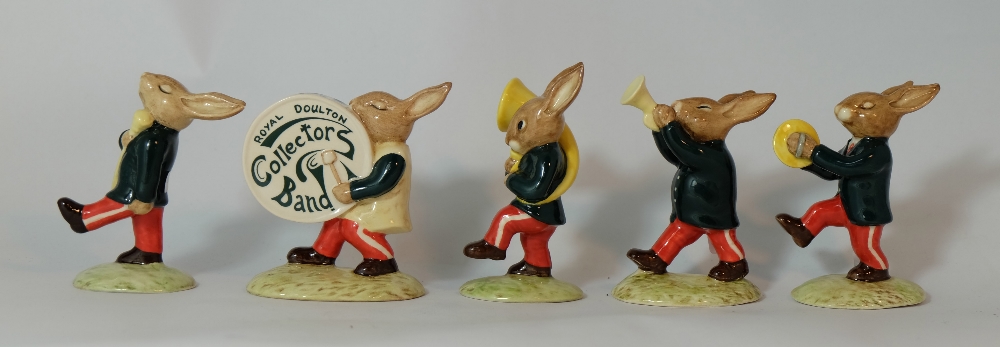 Royal Doulton Bunnkins Green Band set comprising Drummer DB108, Drum Major DB109, Cymbal DB107,