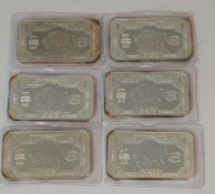 A collection of USA silver bullion one ounce decorated ignots (6)