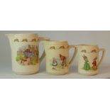 Royal Doulton early Bunnykins graduated set of Jugs garden,Digging and the proposal, med jug signed