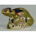 Royal Crown Derby paperweight of a chameleon with gold stopper (boxed)